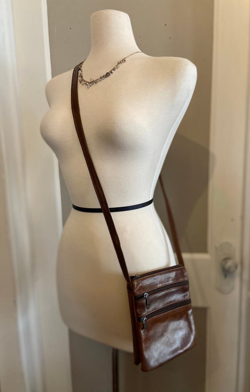 Vintage Distressed Brown Leather Mini Crossbody Bag w/Multiple Pockets